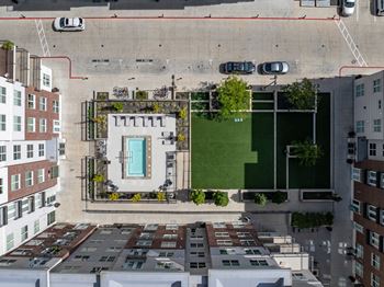 Aerial view of pool and lawn area